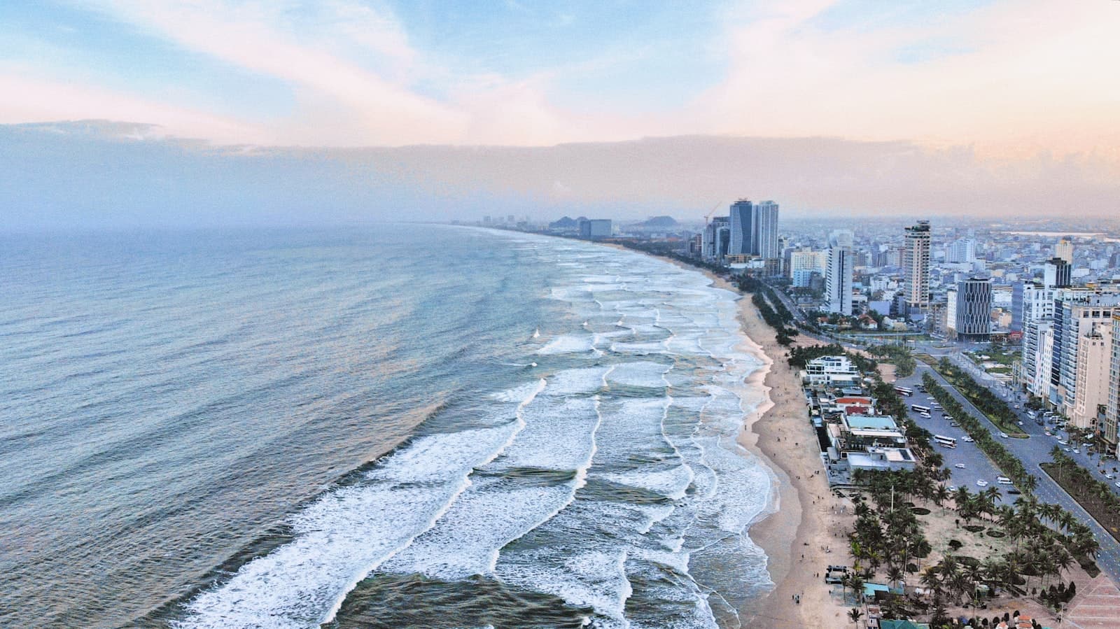 Aerial view of My Khe Beach and the Da Nang coastal skyline