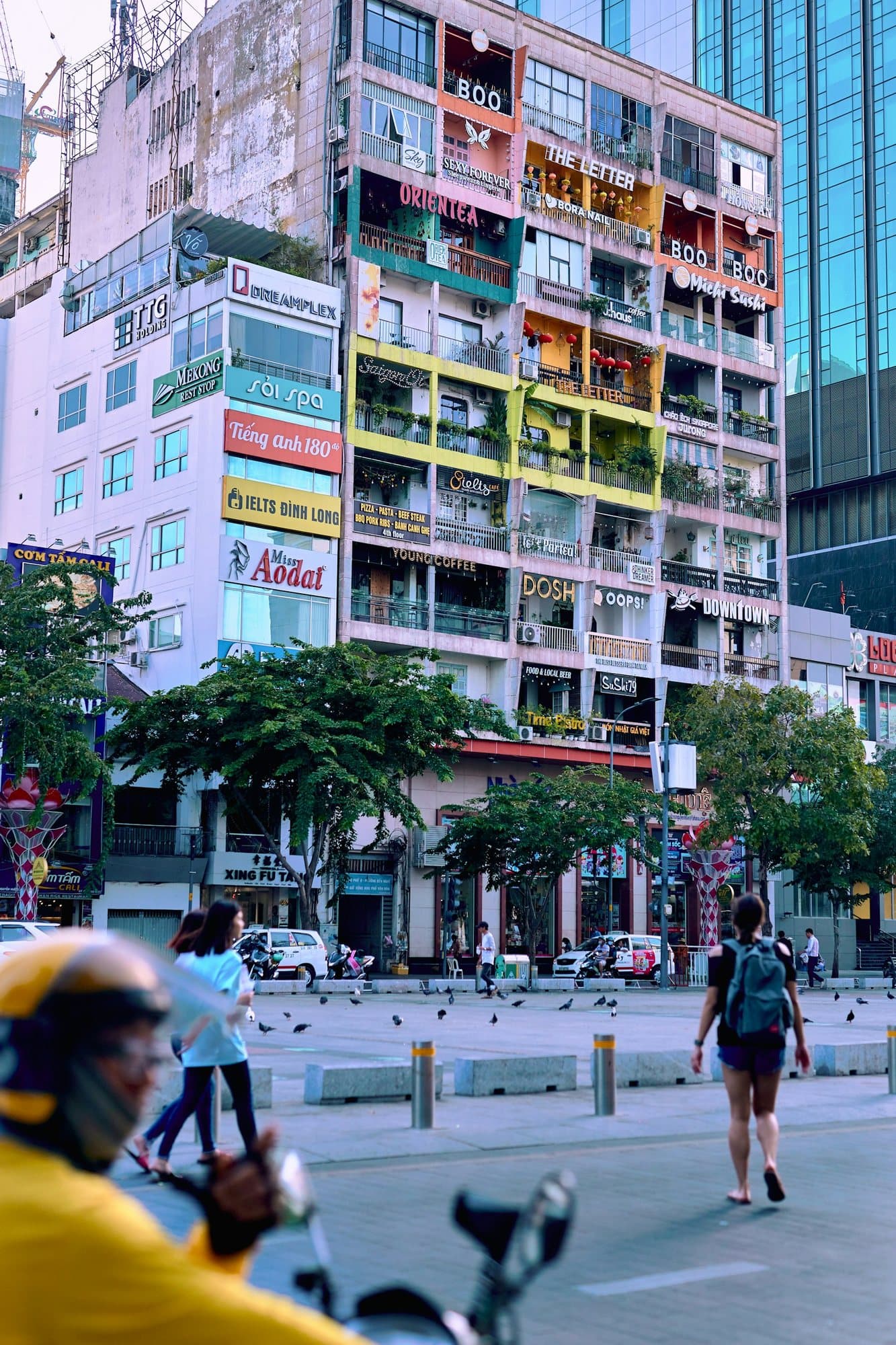 Cafe Apartment on Nguyen Hue Walking Street, each balcony a cafe or shop