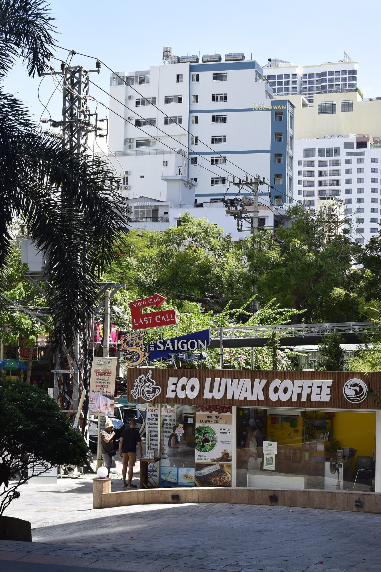 Everyday Nha Trang street with cafes, palms, and high-rises behind the trees