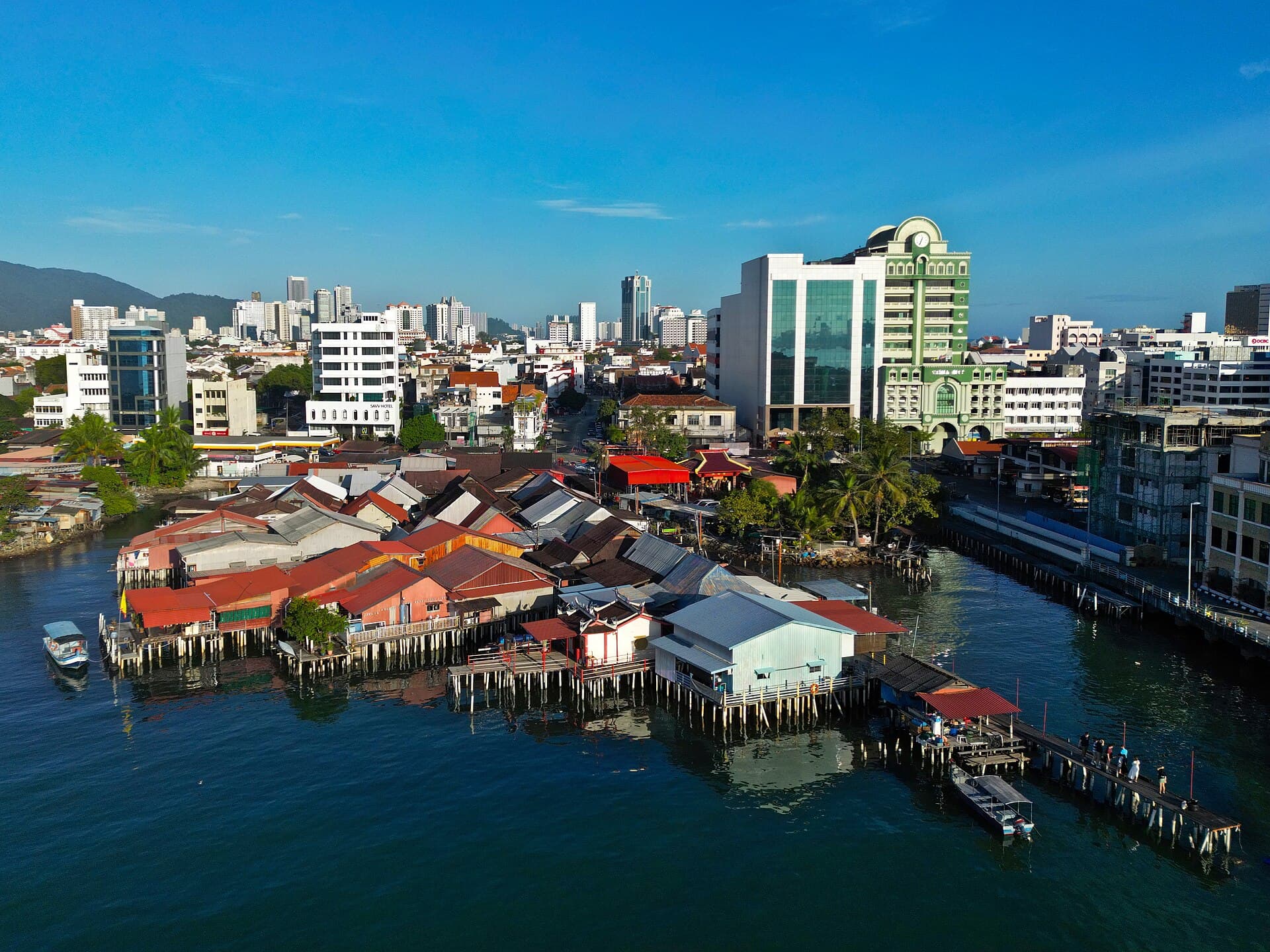 Lim Jetty wooden houses over the water in George Town, Penang